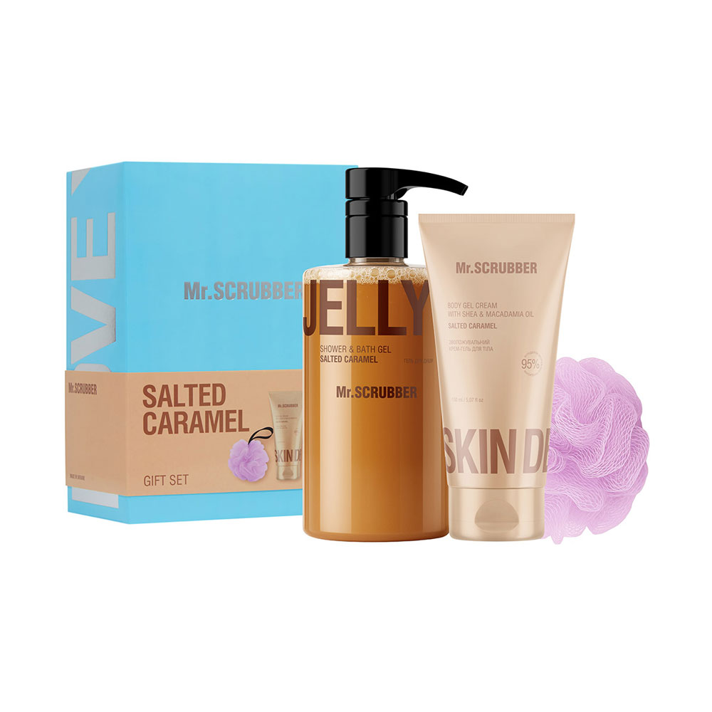 Подарунковий набір Mr.Scrubber Salted Caramel (гель для душу, 500 мл + зволожувальний крем-гель для тіла, 150 мл + мочалка, 1 шт)